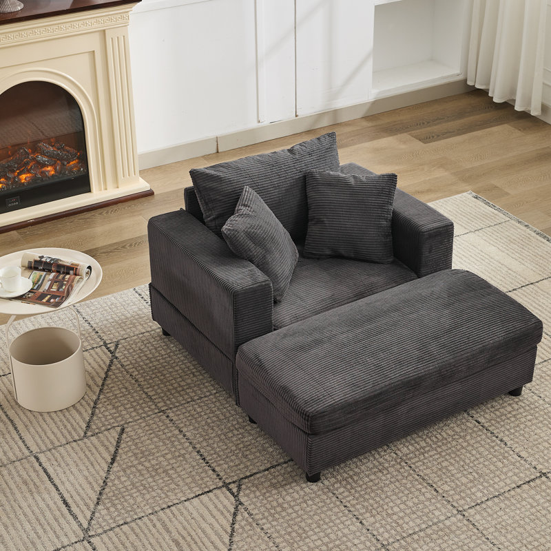 Méridienne rembourrée avec repose-pieds et coussins Corduroy, Repose-pieds sans rangement, Gris