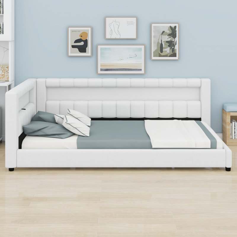 Upholstered Bed Frame with LED Lights and USB Ports for Bedroom, Cream White, Extra-long Twin