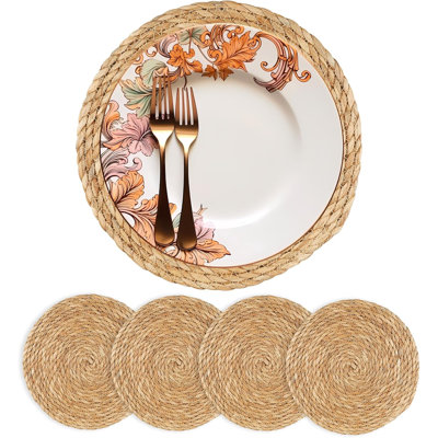 Ensemble de napperons ronds tissés de 4 - napperons bohème en jacinthe d'eau naturelle pour table à manger, tapis en osier tressé de style campagnard, décor de table rustique tissé à la main pour la maison et le mariage