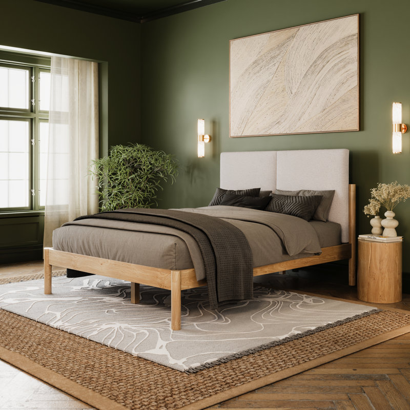 Ardin Solid Wood Bed with Boucle Headboard, Natural, Queen