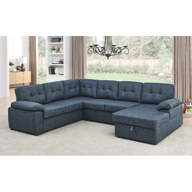 Upholstered U-Shaped Sectional Right Hand Facing, Blue Linen Blend