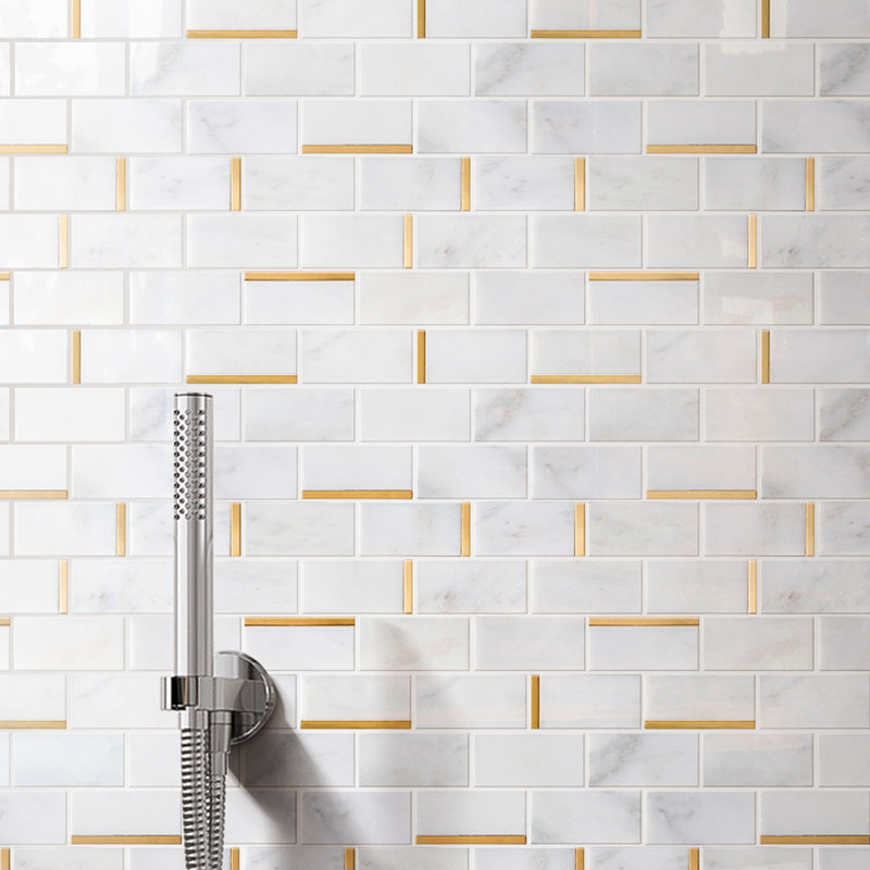 Natural 11.82 in. x 11.82 in. Brick Joint Polished Marble Mosaic Tile, Gold/White