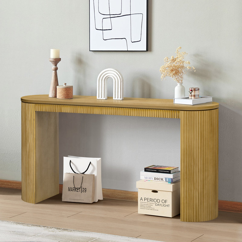 59.2" Large Curved Console Table with Unique Vertical Stripe Design, Natural
