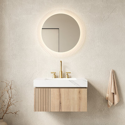 Meuble-lavabo de 30 po, comptoir en pierre frittée blanche, vasque en céramique, tiroir et porte, chêne, contreplaqué flottant pré-assemblé, 3 trous de robinet, meuble-lavabo à système de fermeture en douceur, lavabo avec trou
