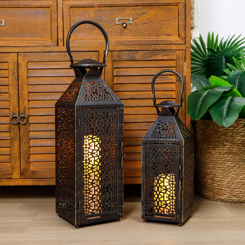 2 Piece Metal Tabletop Lantern Set, Black