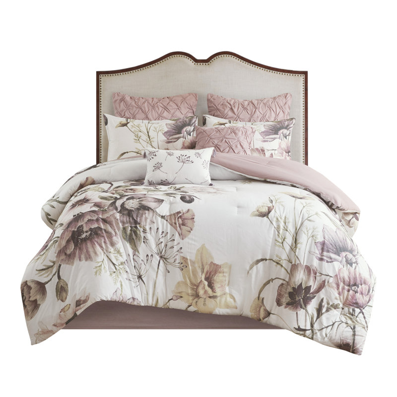Blush King Comforter - 8 Piece Cotton Printed, Style With Soft Floral Design And Decorative Pillows Elegant Bedroom Decor