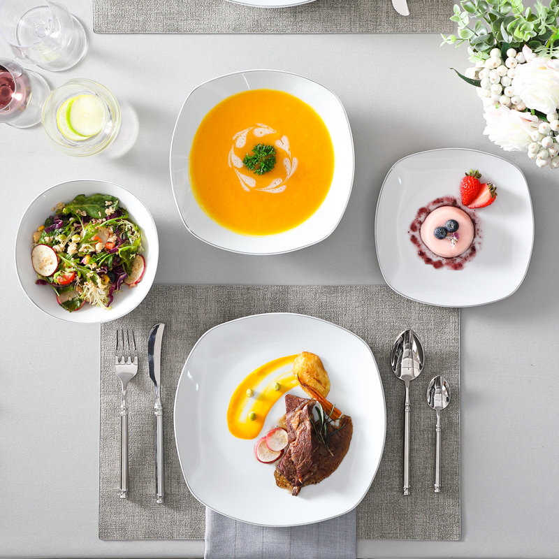 24 Pcs Porcelain Dinnerware Set, White Plate With Sliver Border, Service For 6 Person, Dinner Plate, Dessert Plate, Soup Plate And Bowl Set
