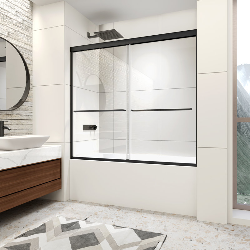 Porte de douche semi-sans cadre l 56 à 60 po x H 58 po, porte de douche coulissante double pour baignoire avec verre trempé clair de 1/4 po (6 mm), portes de douche à finition noir mat, installation réversible