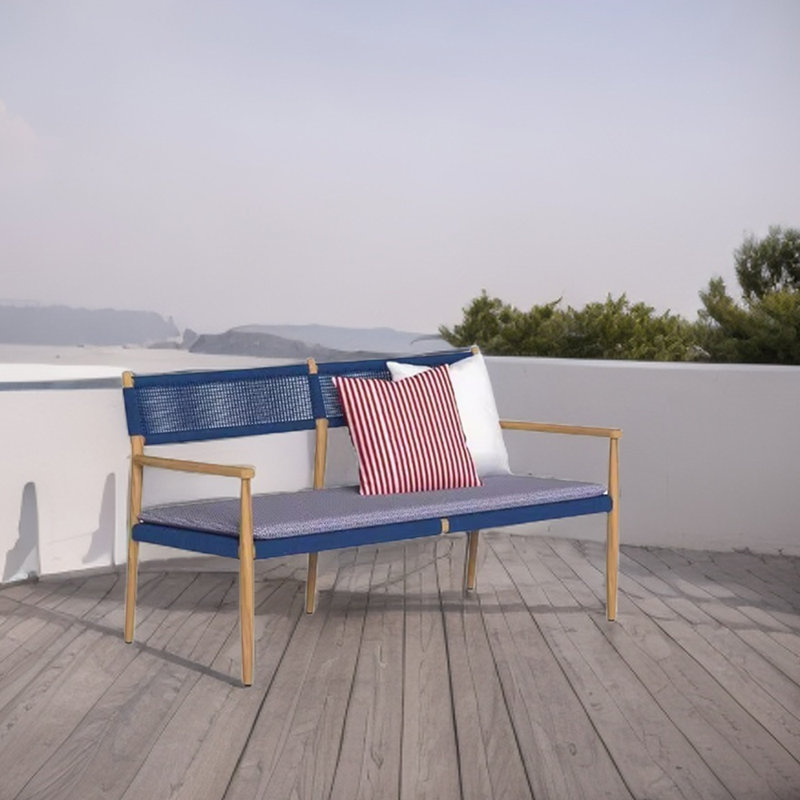 Modern Simple Outdoor Durable Teak Sofa 53.54'' Wide Rectangle Loveseat with Cushions, Brown/Navy, Purple