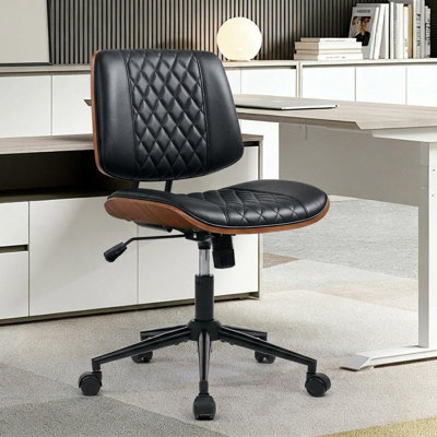 Modern Armless Home Office Chair, PU Leather Small Mid-Back Desk Chair with 4-Level Adjustable Backrest