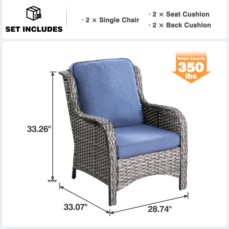 Chaise de patio en rotin avec coussins Guillen, Coussin bleu / cadre gris