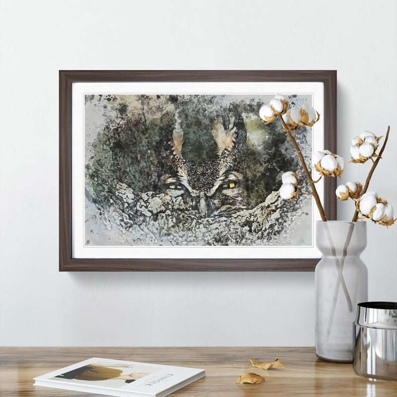 Long-Eared Owl in Abstract - Picture Frame Painting Print, 27cm H x 36cm W x 2cm D, Walnut Framed