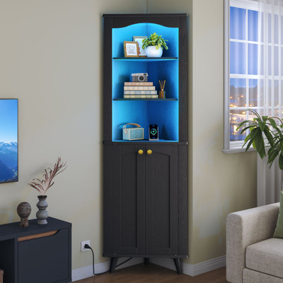 70.9" Tall Farmhouse Corner Cabinet with LED Lights, 5 Tier Corner Storage Bookcase for Living Room, Home Office, and Bedroom