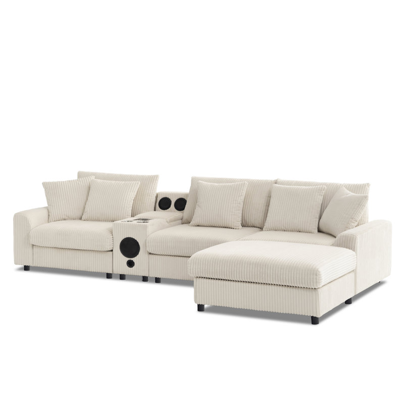 Canapé modulaire en L avec console 5 pièces Thalune, Velours côtelé crème