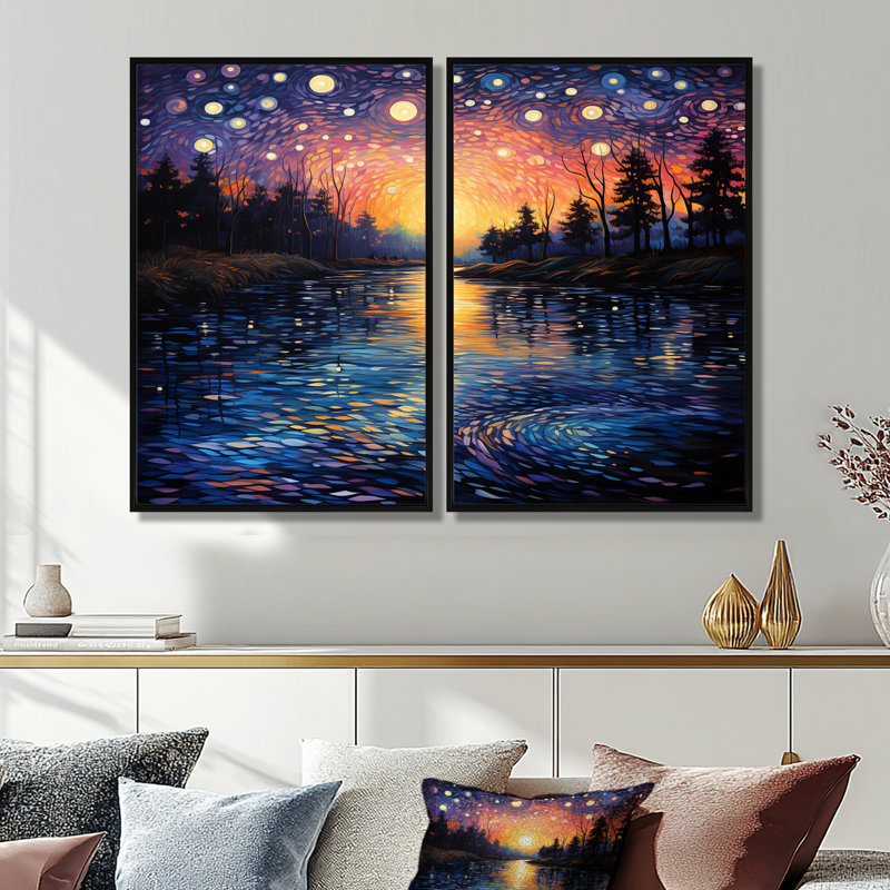 Vangogh Twilight Reflections Pointillism - jaune, impressions sur toile traditionnelles, Noir, H 36 po x l 48 po