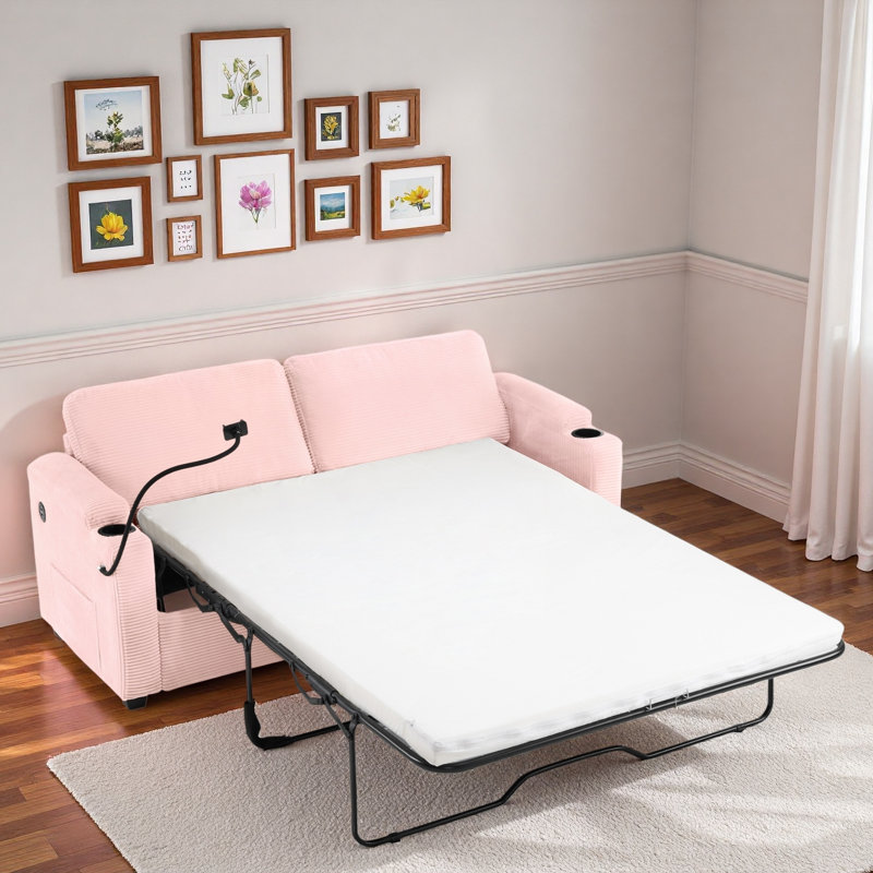 Canapé-lit convertible avec matelas double, 2 ports USB, 2 porte-gobelets, 2 poches latérales et 1 support pour téléphone