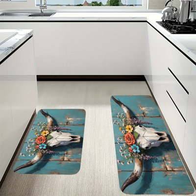 Tapis de cuisine floral en crâne de taureau sur bois bleu sarcelle, 2 tapis de cuisine antidérapants