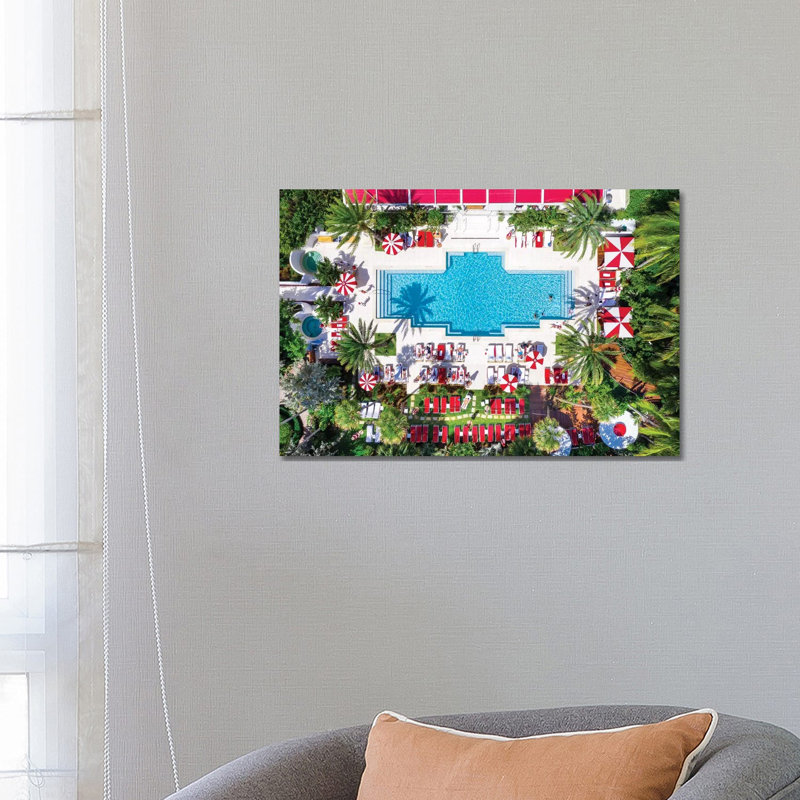 Aerial View Go For A Swim , Miami Beach Pool With Palm Trees ,Florida by Susanne Kremer - Wrapped Canvas Print