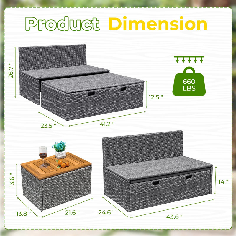 Pe Wicker Outdoor Patio Daybed With Storage And Acacia Wood Table, Blue