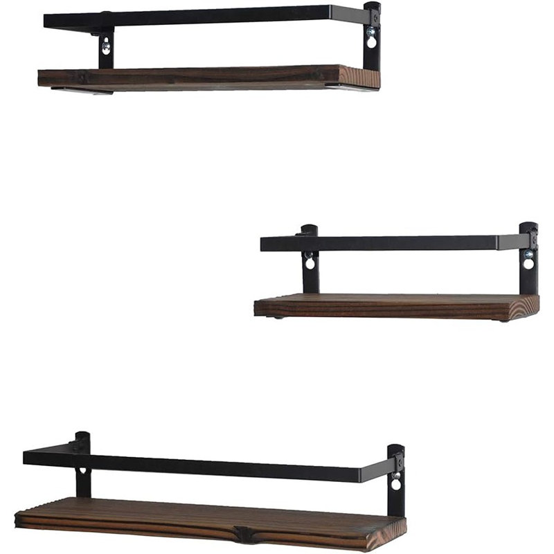 Ensemble de 3 tablettes murales flottantes rustiques en bois avec garde-corps en métal brun