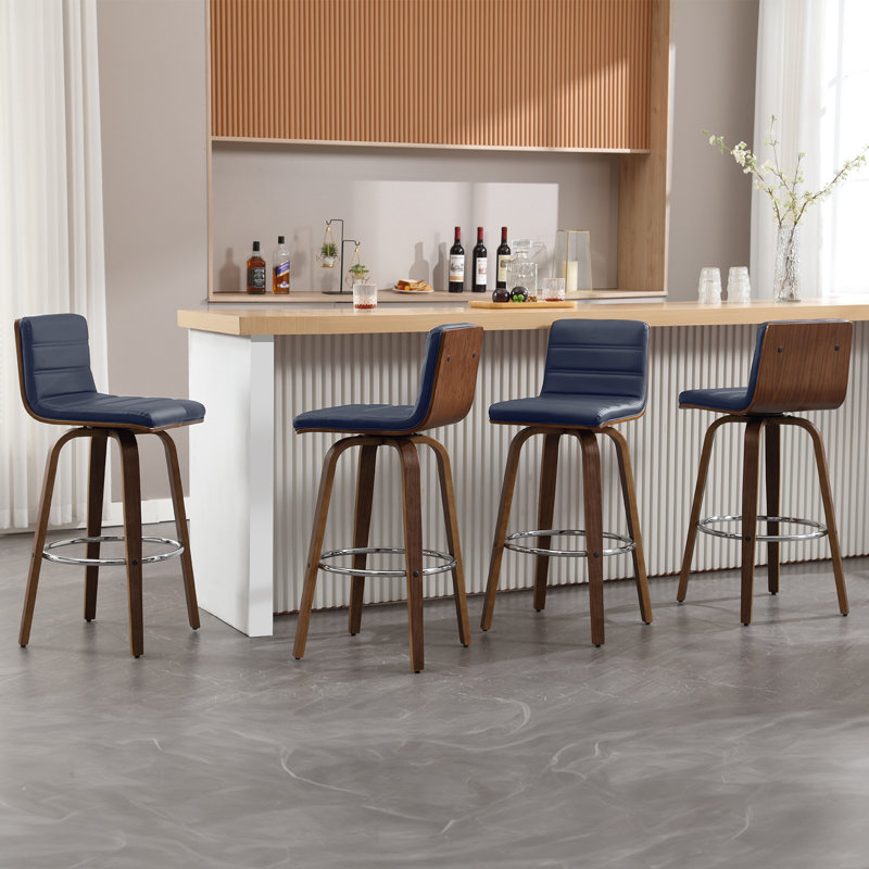 Swivel Upholstered Counter & Bar Stool With Solid Wood Frame and L-Shaped PU Leather Back, Bar Stool (29" Seat Height), Blue