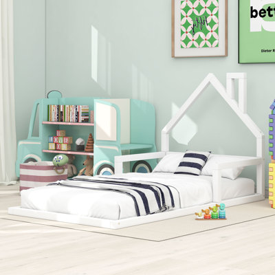 Roof-framed Headboard Floor Bed with Headboard Guardrails, without Slats