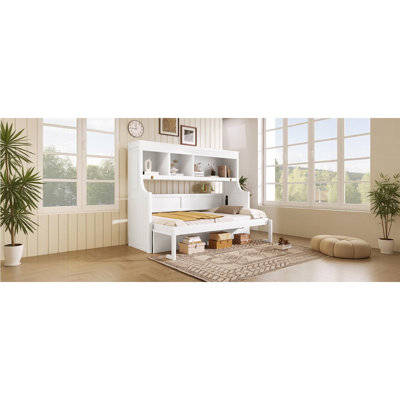 Lit escamotable simple avec bureau et tablettes de rangement, blanc