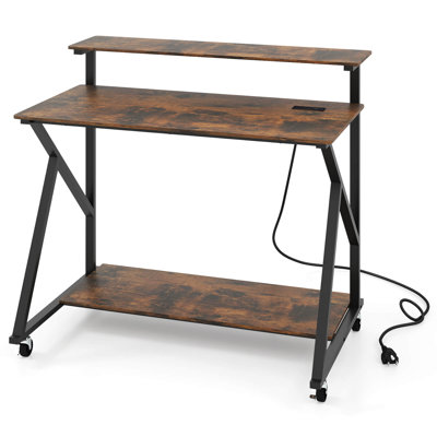Bureau d'ordinateur roulant avec station de charge Support pour tablette d'écriture pour brun rustique