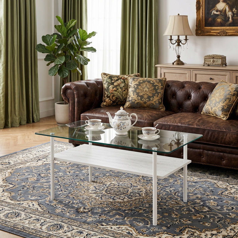 Table basse rectangulaire avec plateau en verre trempé transparent de 38,6 po x 22,8 po x 17,7 po