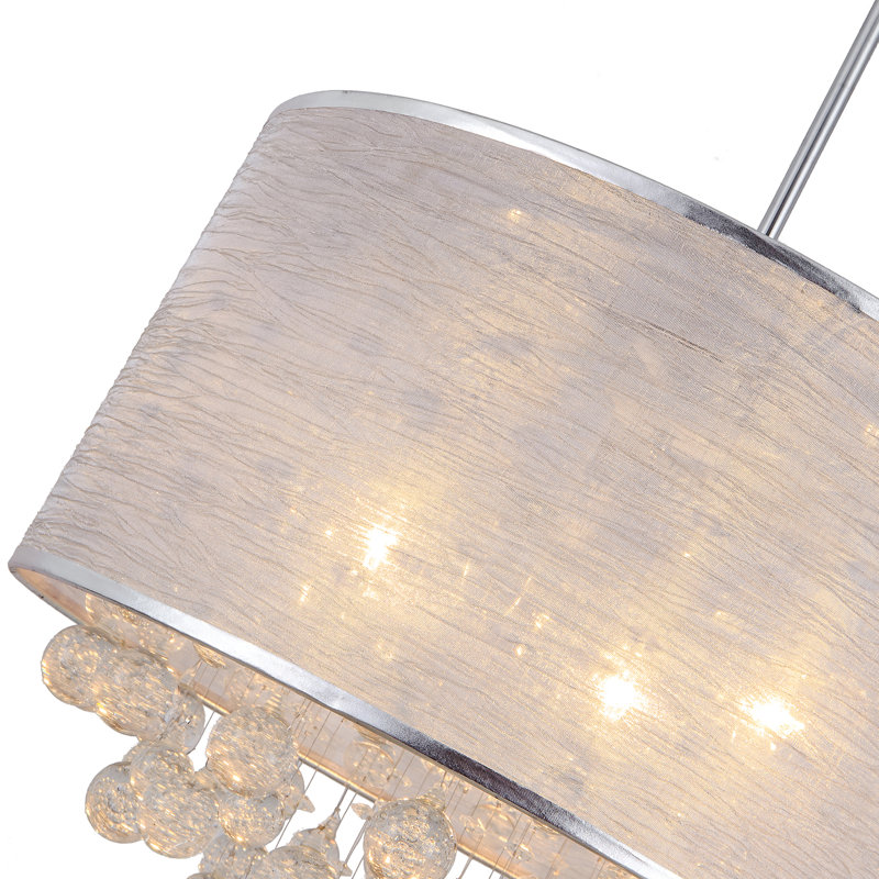 Plafonnier rond 21 po avec abat-jour en tissu blanc et 4 boules de cristal