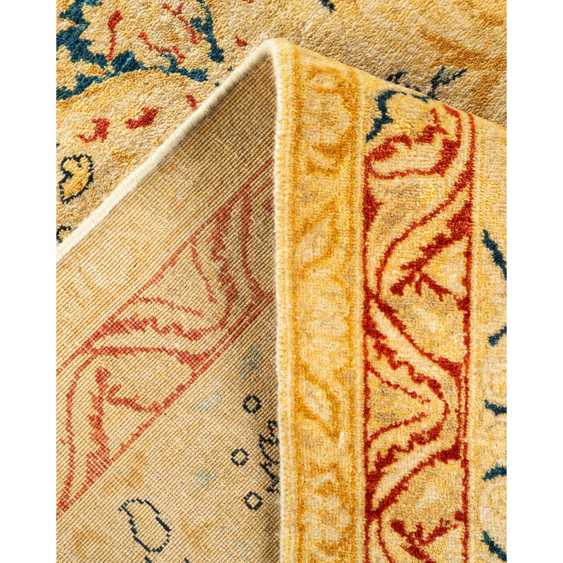 Tapis unique noué à la main ivoire / orange / jaune / bleu Tyaun Mogul 6 pi 2 po x 8 pi 8 po