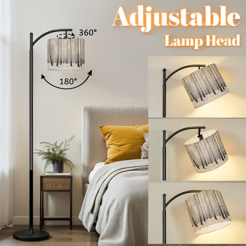 Lampe sur pied à arc avec abat-jour ajustable Lampe sur pied en bois de bouleau noir et blanc pour l'hiver