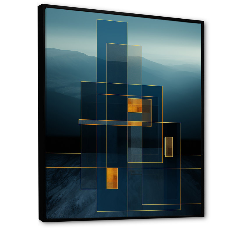 Blue Tower Collages - Abstract Collages, art mural, Cadre flottant noir, H 44 po x l 34 po x P 1,5 po