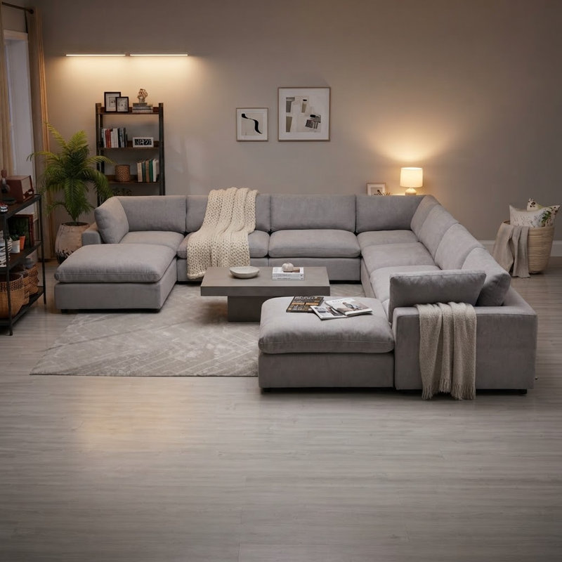 Canapé modulaire rembourré 9 pièces Nuccio, Chenille gris pâle