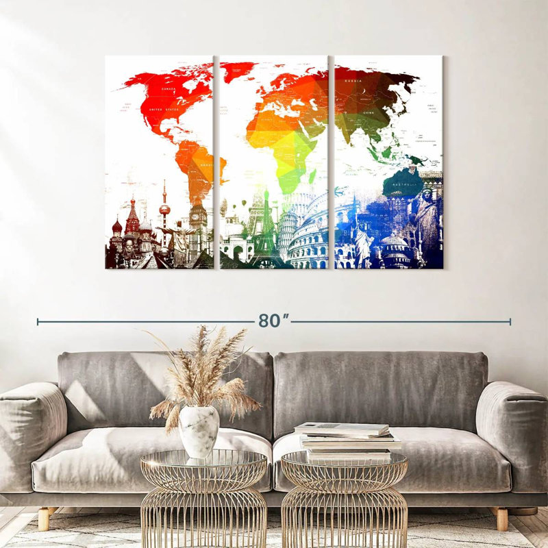 " Rainbow World Map " by Naomi Heart 3 - Pieces, 57" H x 36" W x 1.25" D