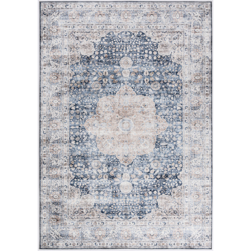 Tapis traditionnel bleu et beige Devendr, Rectangle 5 pi 3 po x 7 pi 6 po