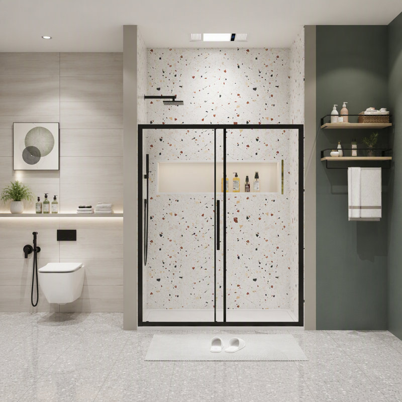 Porte de douche coulissante réglable en verre trempé avec fini noir mat, facile à nettoyer et à installer
