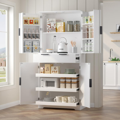 72" Fluted Kitchen Pantry Cabinet With 3 Keyboard Drawers & 6 Door Shelves Adjustable, Freestanding Cupboard Storage Cabinet For For Bathroom, Diningroom, Office, Entryway, White