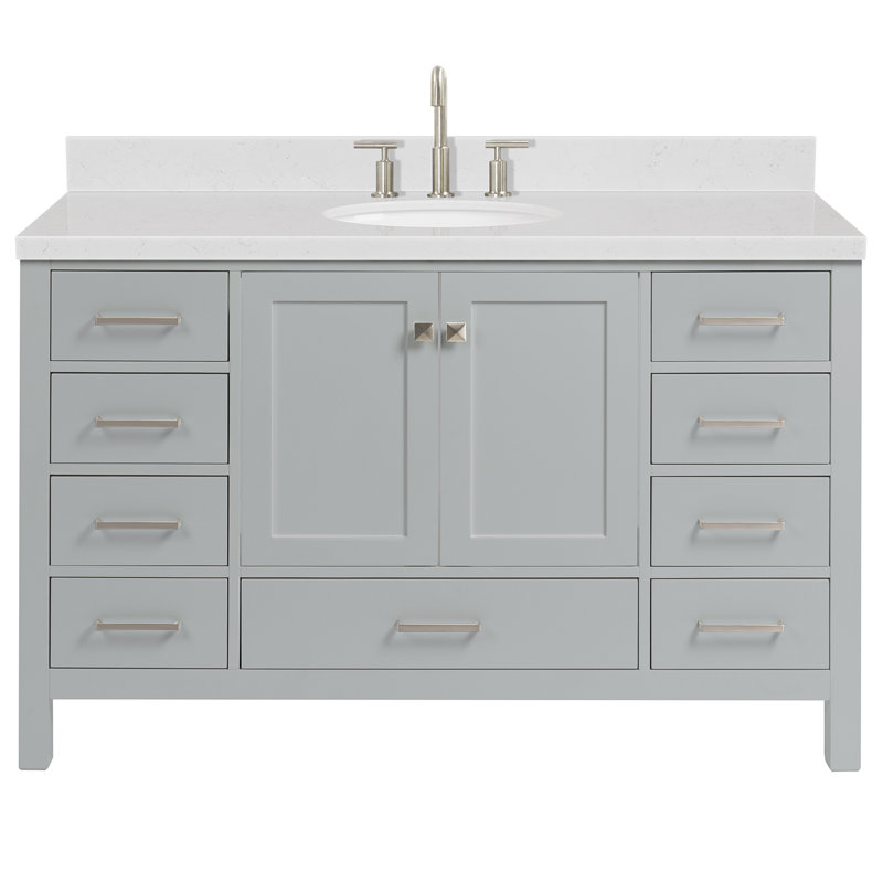 Cambridge 54.25'' Single Bathroom Vanity with Carrara Quartz Top, Gray/Brushed Nickel