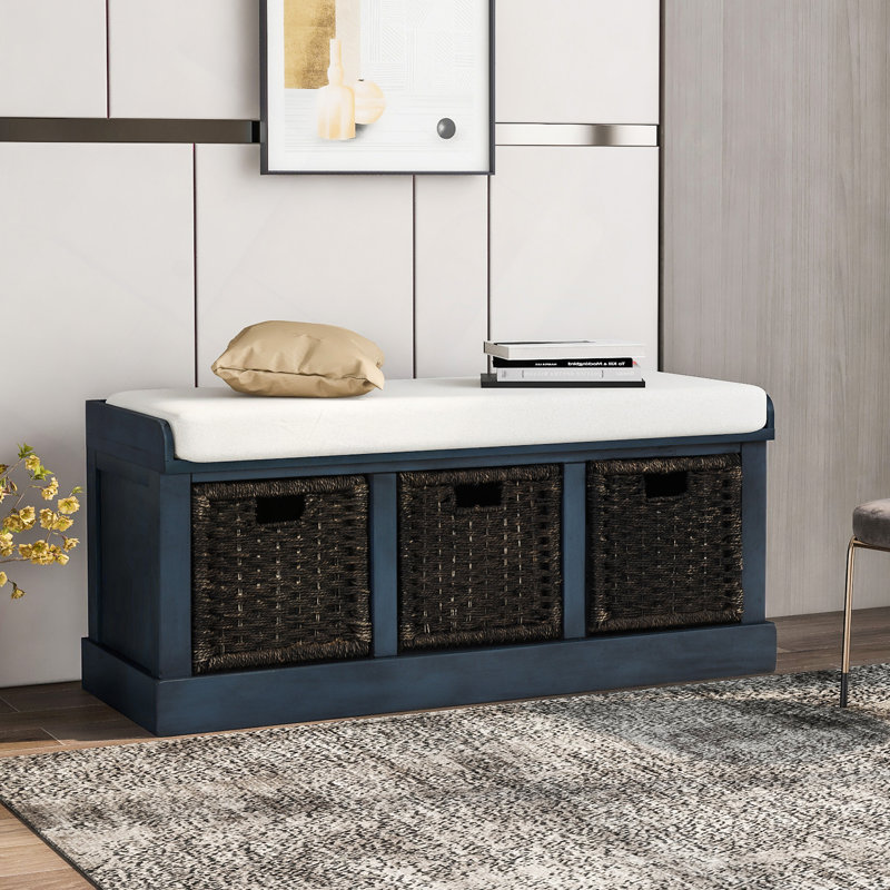 Banc de rangement rustique avec 3 paniers en rotin classiques amovibles, banc d'entrée avec coussin amovible, Marine antique