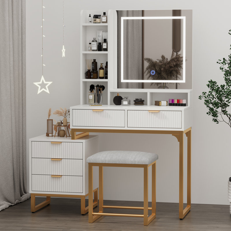 Coiffeuse à finition blanche et dorée avec miroir éclairé et 5 tiroirs , Blanc / Doré