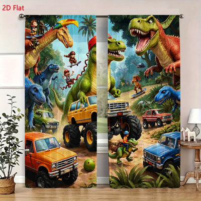 2 Piece Dinosaur Theme Window Curtains Set Funny Cartoon T Rex with Monster Trucks Pattern Kids Bedroom Decor Soft Fabric Rod Pocket Drapes for Room Living Room Window Treatments 55 x 78 Inches