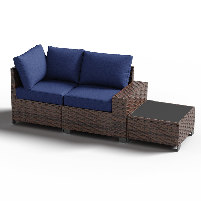 2 -Person Rattan Patio Safo With Cushions, Navy, Brown