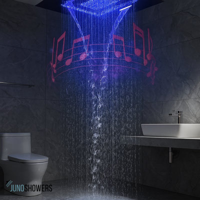 Juno 20x14" LED Ceiling Mount Shower Head – Waterfall & Rainfall with Polished Stainless Steel Finish