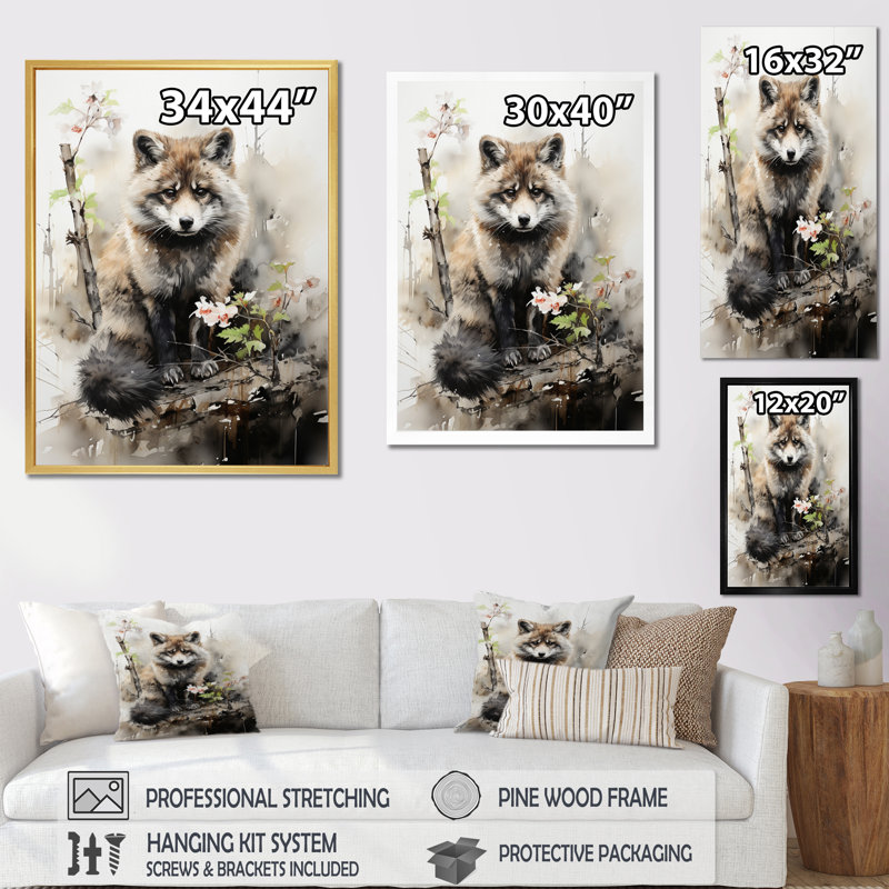 «Noordin Asian Art Raccoon Sumi II», reproduction sur toile, Cadre photo doré simple, H 40 po x l 30 po x P 1,5 po