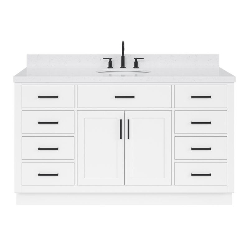 Thornaby Solid Wood Single Bathroom Vanity with 1.5'' Carrara Quartz Top, White, Oval