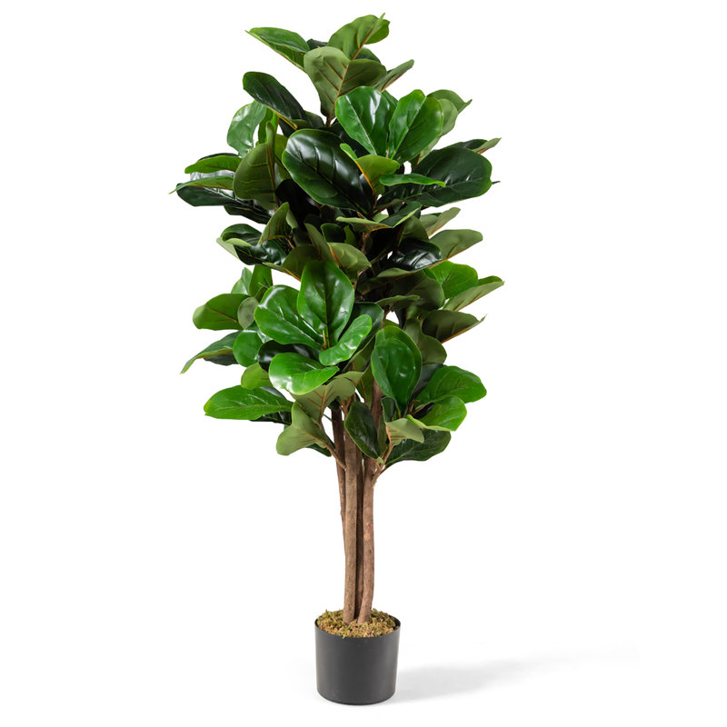 4ft Green Artificial Fiddle Leaf Fig Tree in Black Plastic Pot