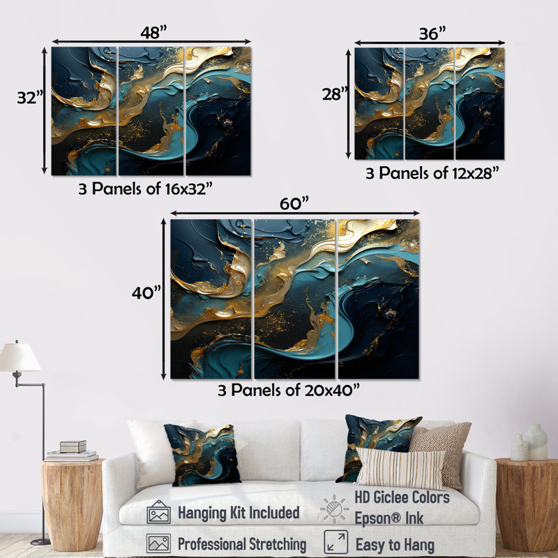Ensemble de salon art mural liquide or turquoise et encre liquide, Toile tendue, H 40 po x l 60 po x P 1 po