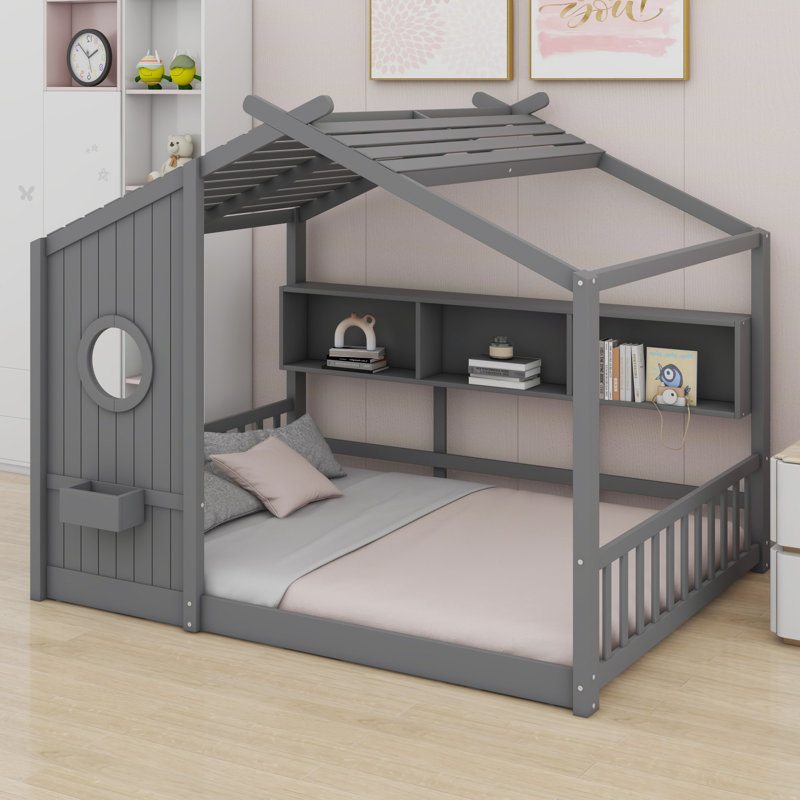 Lit sur pied avec tablette de rangement, gris, Lit double
