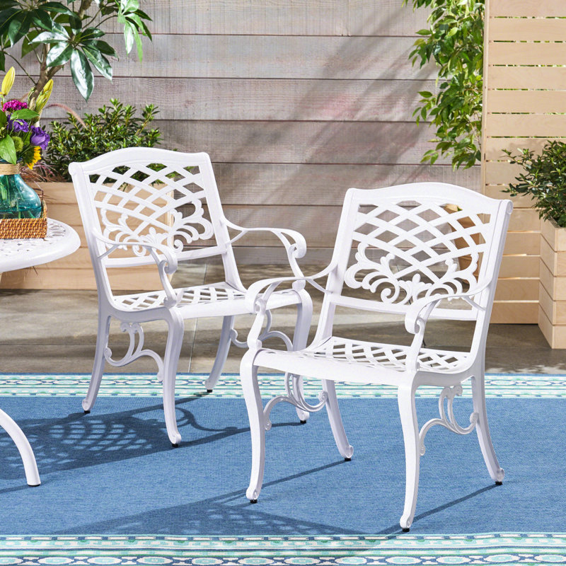 Arm Chair Of 2 With Traditional Scroll Design, Classic , Legs, Cast Aluminum Construction, Floral Accents, White Color, 26.63 W, 22.92 D, 34.11 H, Assembly Needed Chairs Boasting Style, Structure,